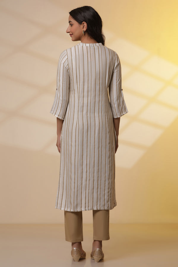 Beige Stripe Printed Straight Kurta and Pants Set