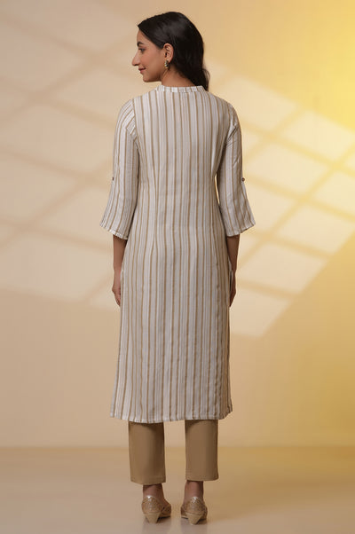 Beige Stripe Printed Straight Kurta and Pants Set