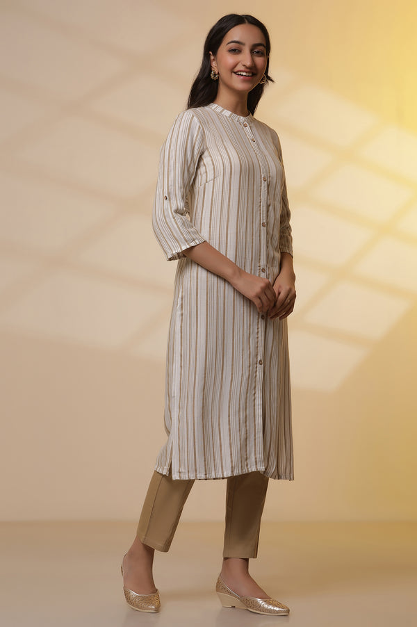 Beige Stripe Printed Straight Kurta and Pants Set