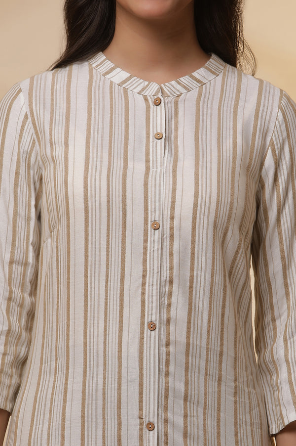 Beige Stripe Printed Straight Kurta and Pants Set