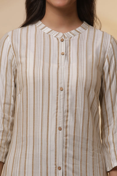 Beige Stripe Printed Straight Kurta and Pants Set