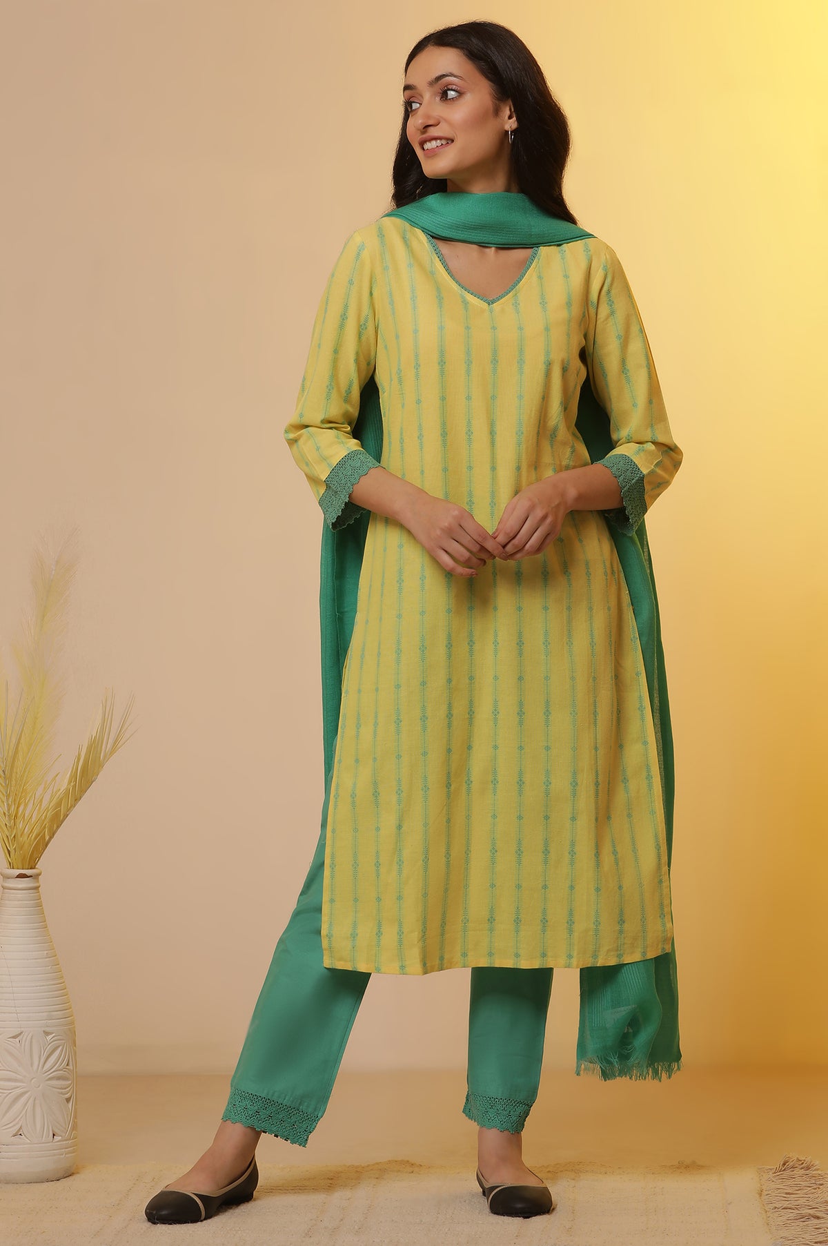 Yellow Cotton Dobby Kurta, Pants and Dupatta Set - XS