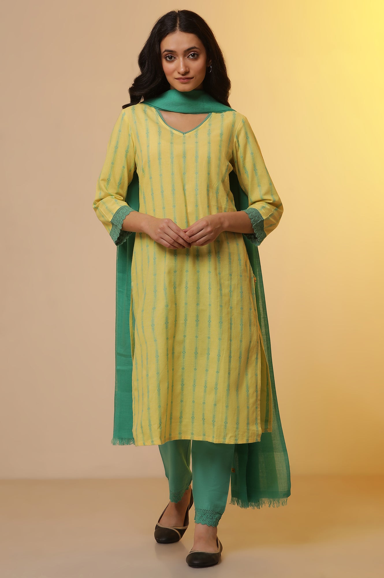 Yellow Cotton Dobby Kurta, Pants and Dupatta Set