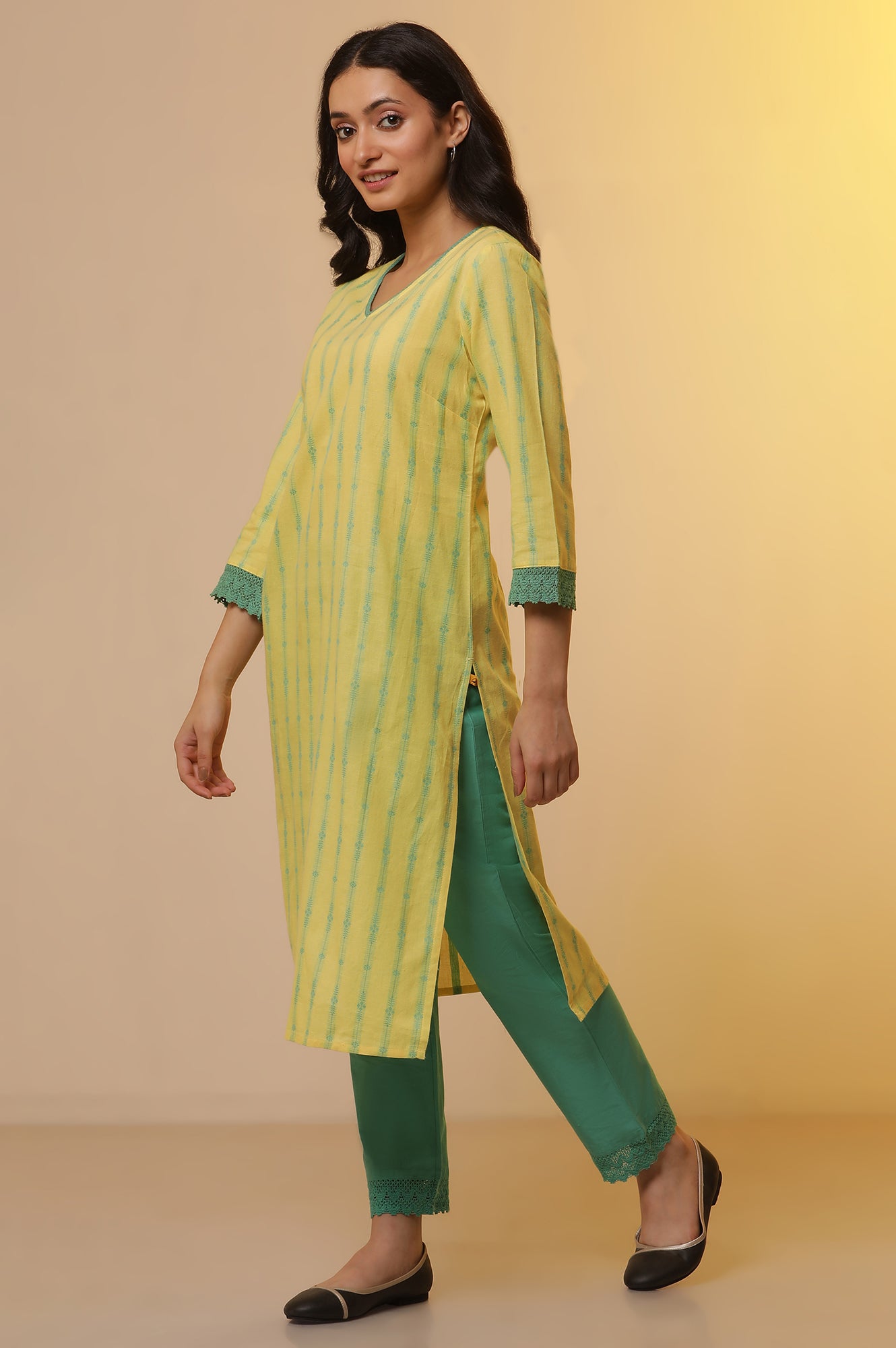 Yellow Cotton Dobby Kurta, Pants and Dupatta Set