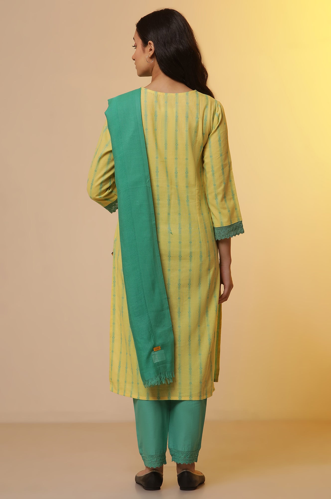 Yellow Cotton Dobby Kurta, Pants and Dupatta Set