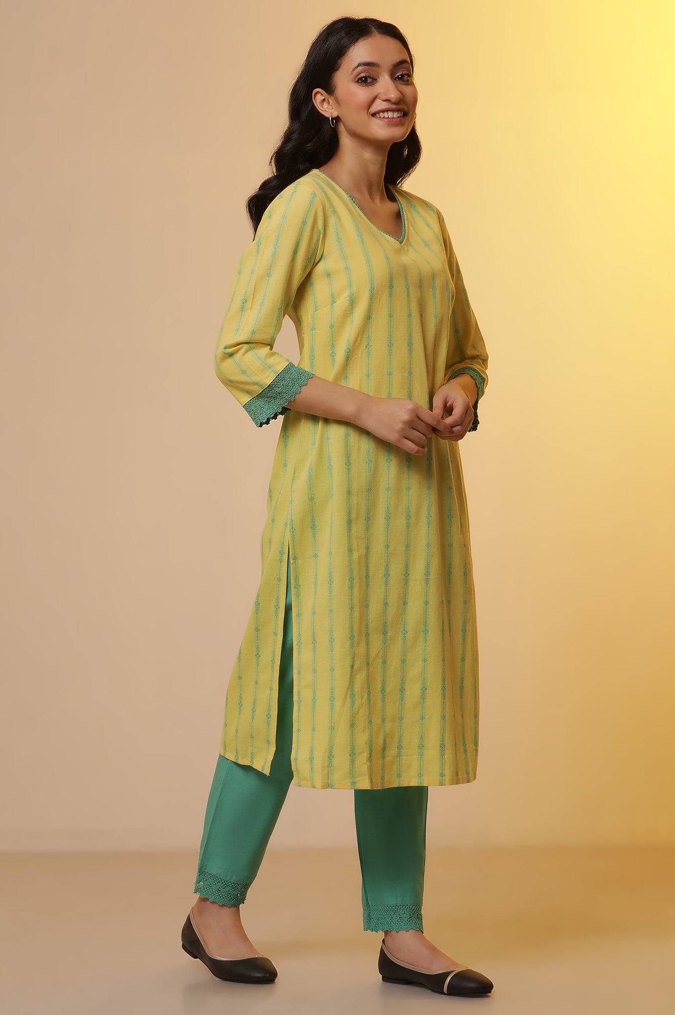 Yellow Cotton Dobby Kurta, Pants and Dupatta Set