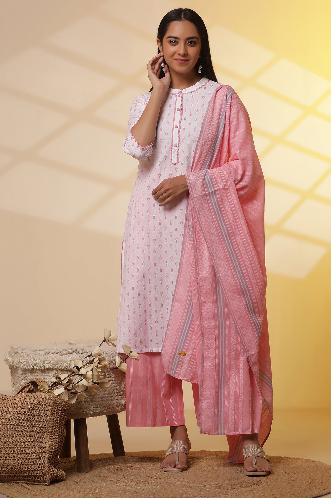 White-and-Pink-Printed-Cotton-Kurta,-Palazzos-and-Dupatta-Set