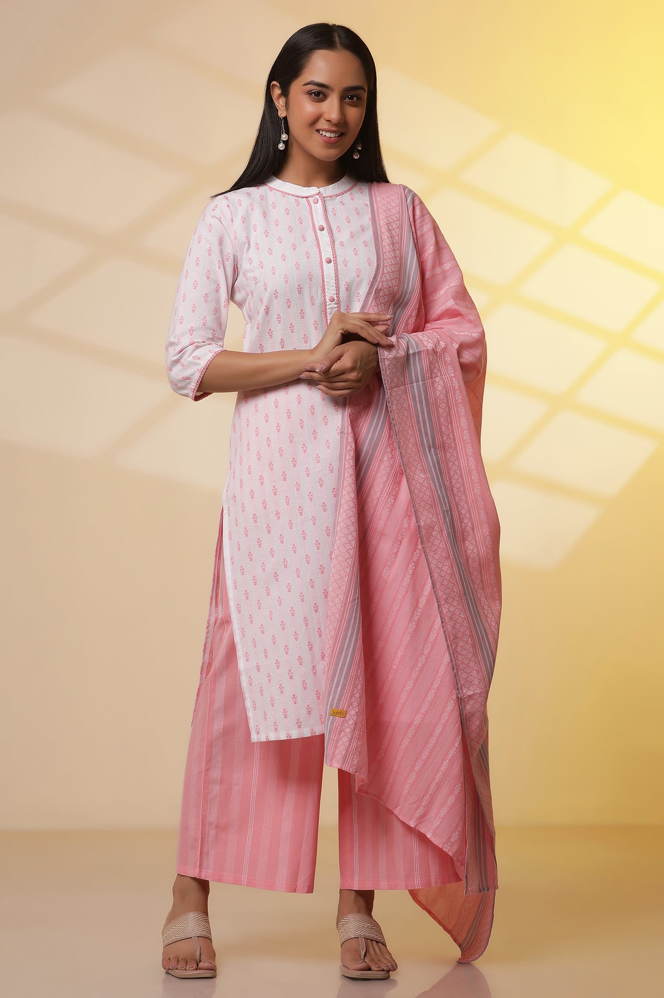 White-and-Pink-Printed-Cotton-Kurta,-Palazzos-and-Dupatta-Set