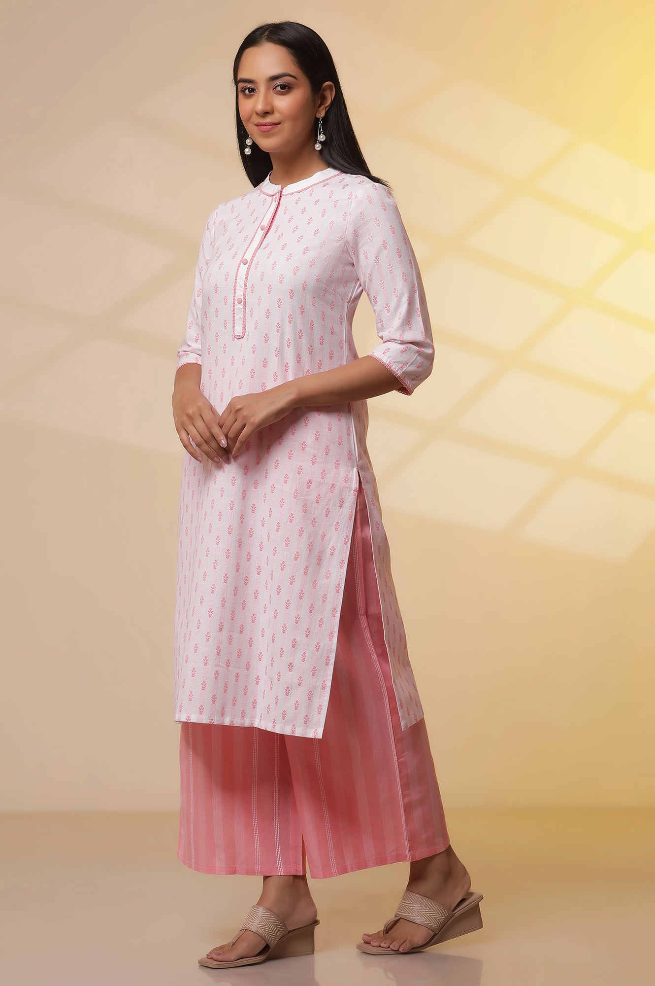 White-and-Pink-Printed-Cotton-Kurta,-Palazzos-and-Dupatta-Set