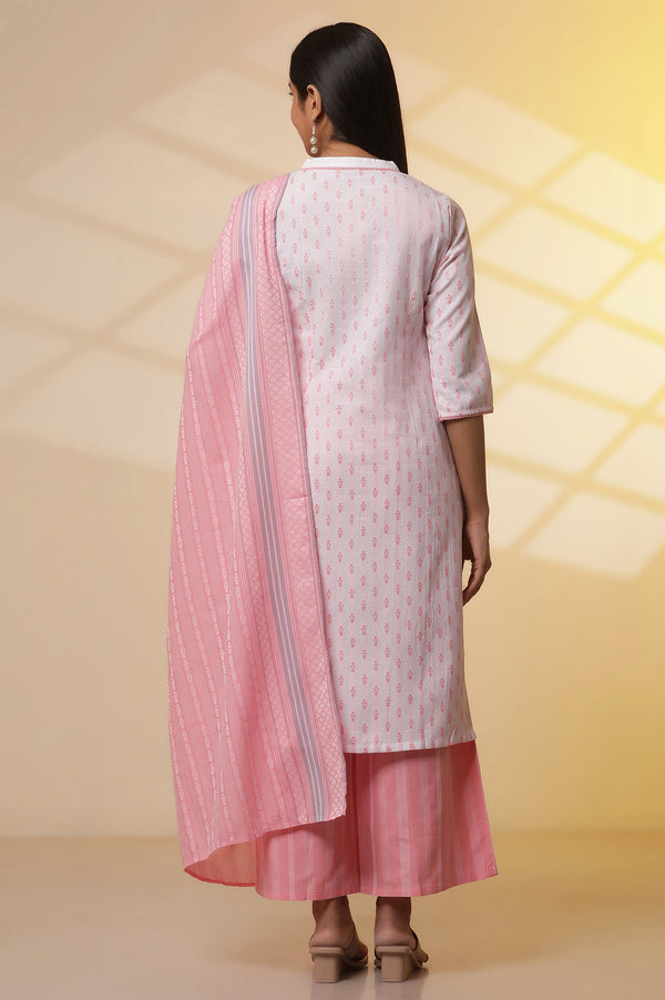 White and Pink Printed Cotton Kurta, Palazzos and Dupatta Set
