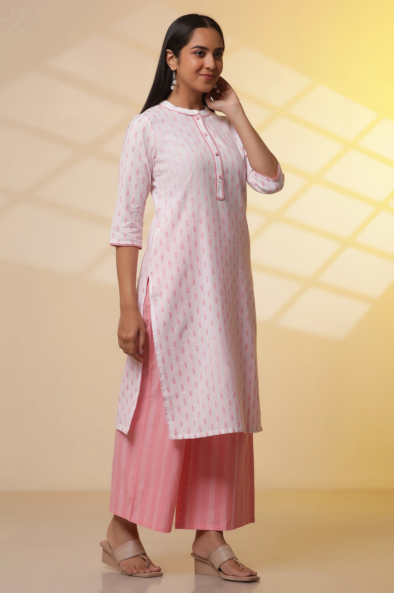 White-and-Pink-Printed-Cotton-Kurta,-Palazzos-and-Dupatta-Set