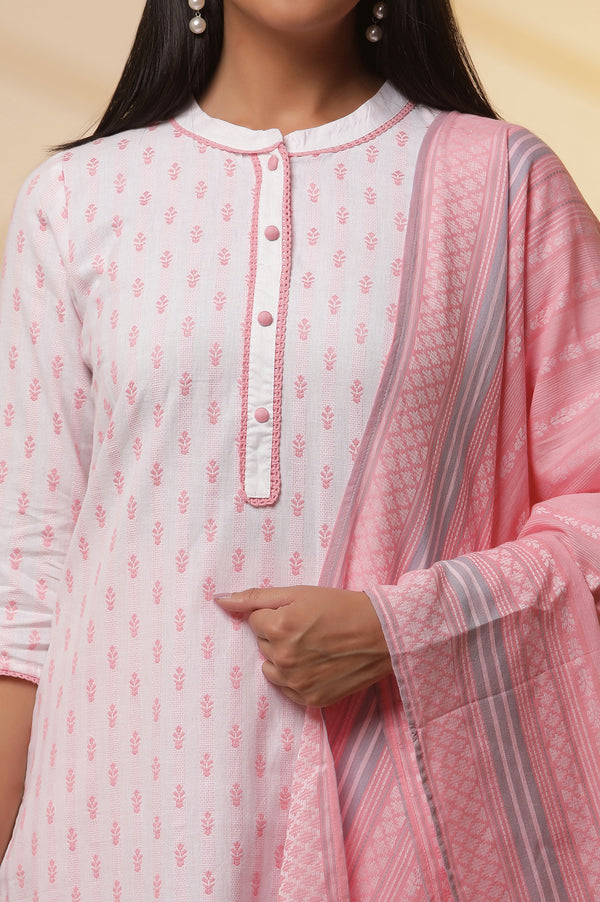 White and Pink Printed Cotton Kurta, Palazzos and Dupatta Set