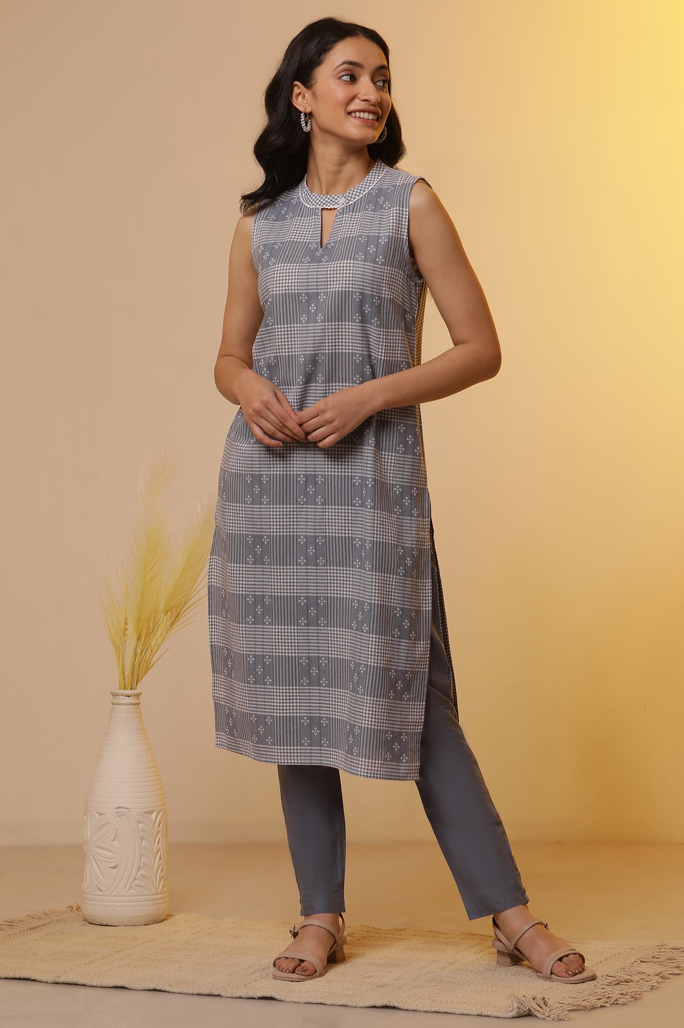 Blue Gingham Check Sleeveless Kurta and Straight Trousers Set