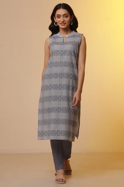 Blue Gingham Check Sleeveless Kurta and Straight Trousers Set