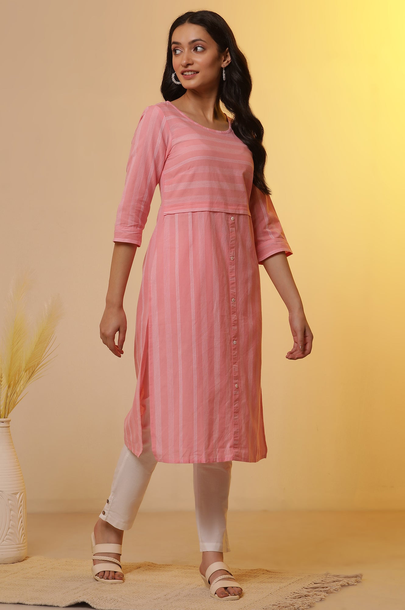 Pink Cotton Striped Kurta and Pants Set