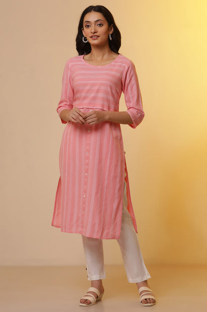 Pink Cotton Striped Kurta and Pants Set