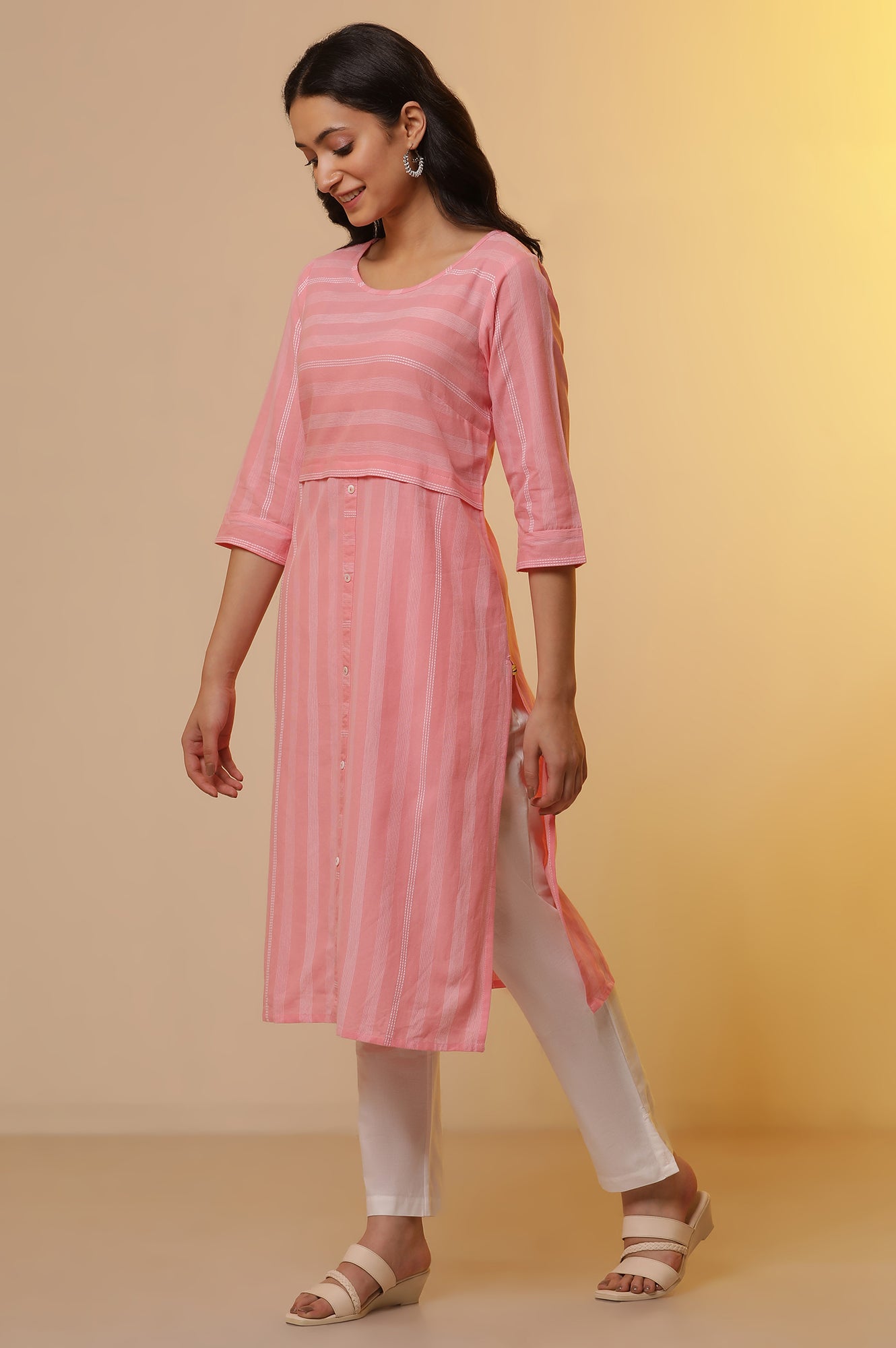 Pink Cotton Striped Kurta and Pants Set