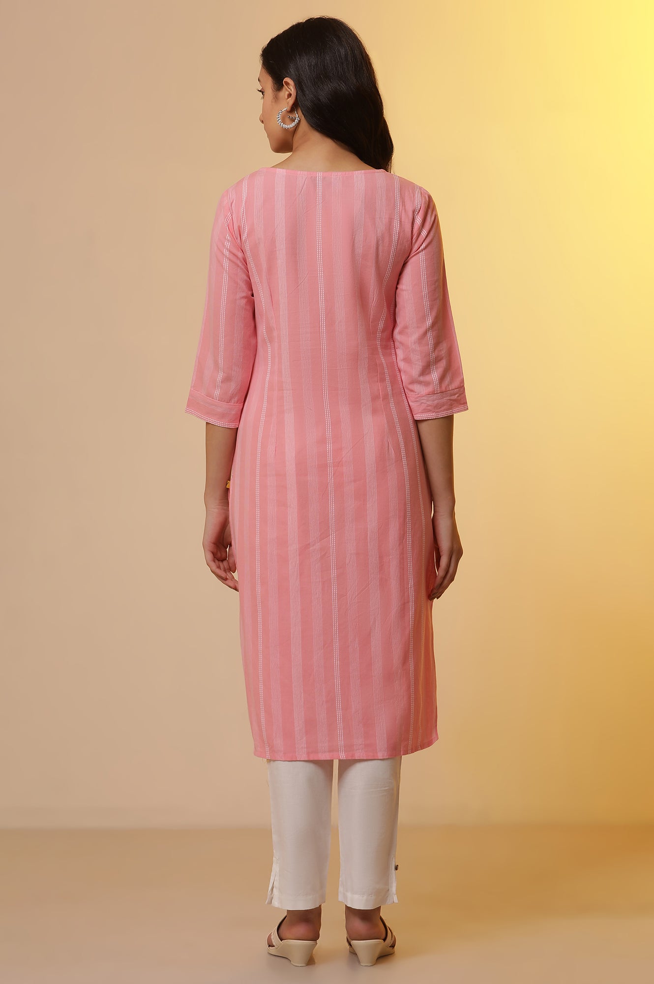 Pink Cotton Striped Kurta and Pants Set