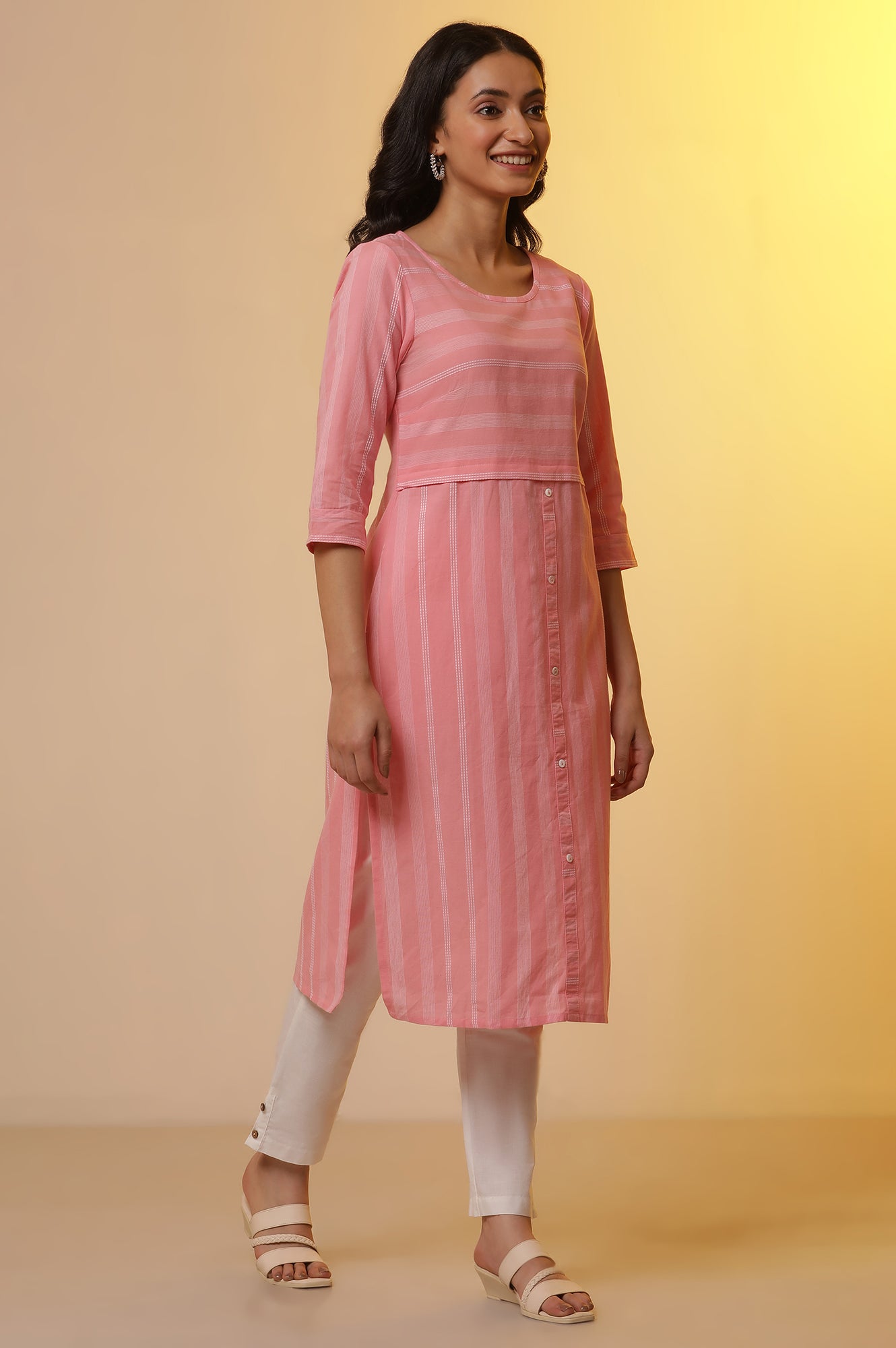 Pink Cotton Striped Kurta and Pants Set