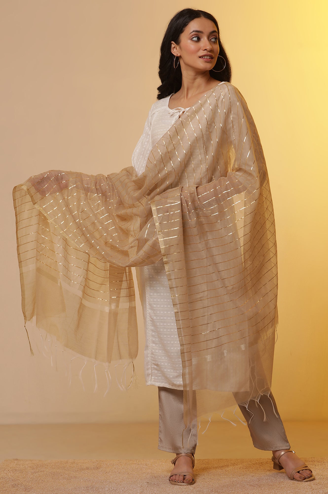 White Cotton Lurex Kurta, Korean Satin Pants and Dupatta Set