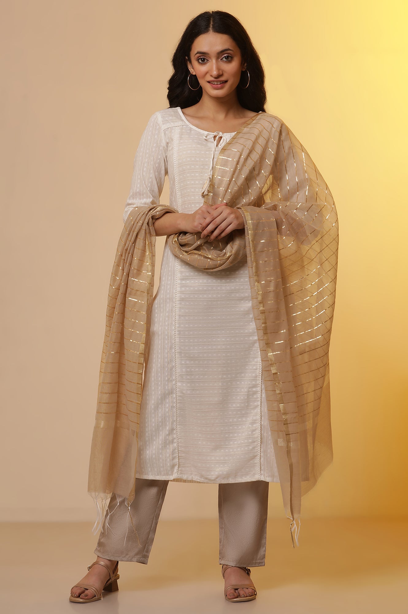 White Cotton Lurex Kurta, Korean Satin Pants and Dupatta Set