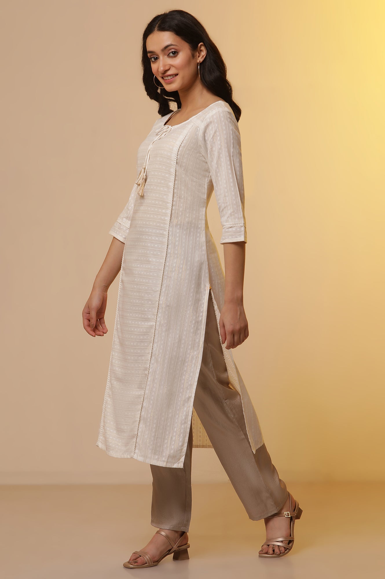 White Cotton Lurex Kurta, Korean Satin Pants and Dupatta Set