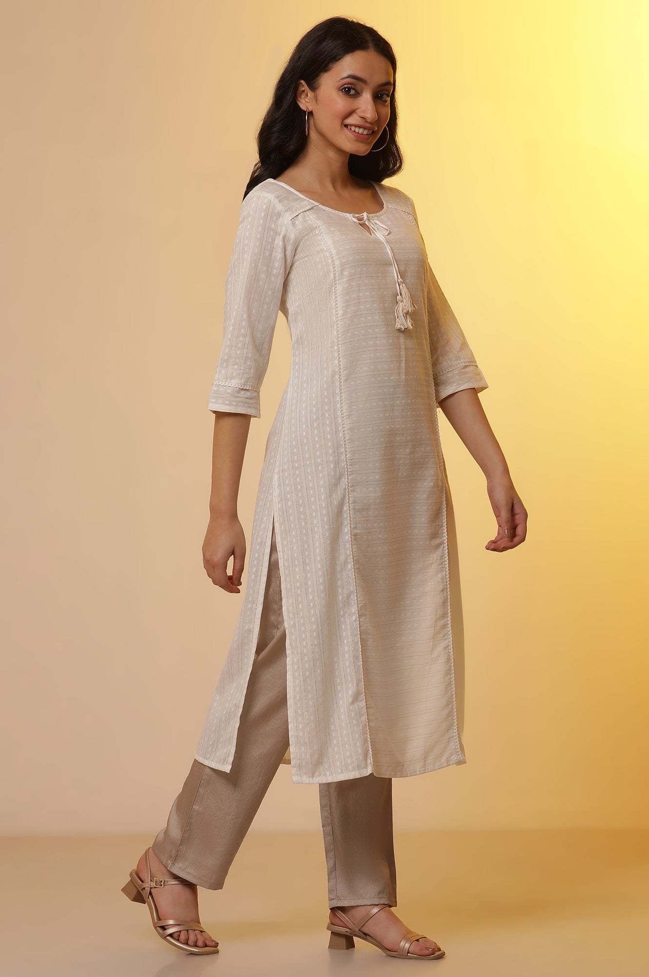 White Cotton Lurex Kurta, Korean Satin Pants and Dupatta Set