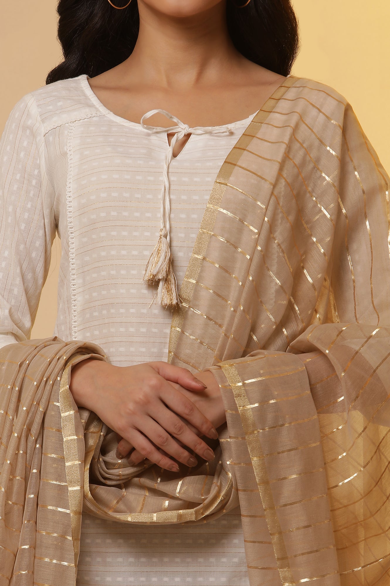 White Cotton Lurex Kurta, Korean Satin Pants and Dupatta Set