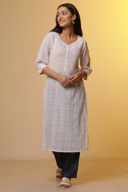 White Cotton Dobby Kurta and Denim Narrow Pants Set