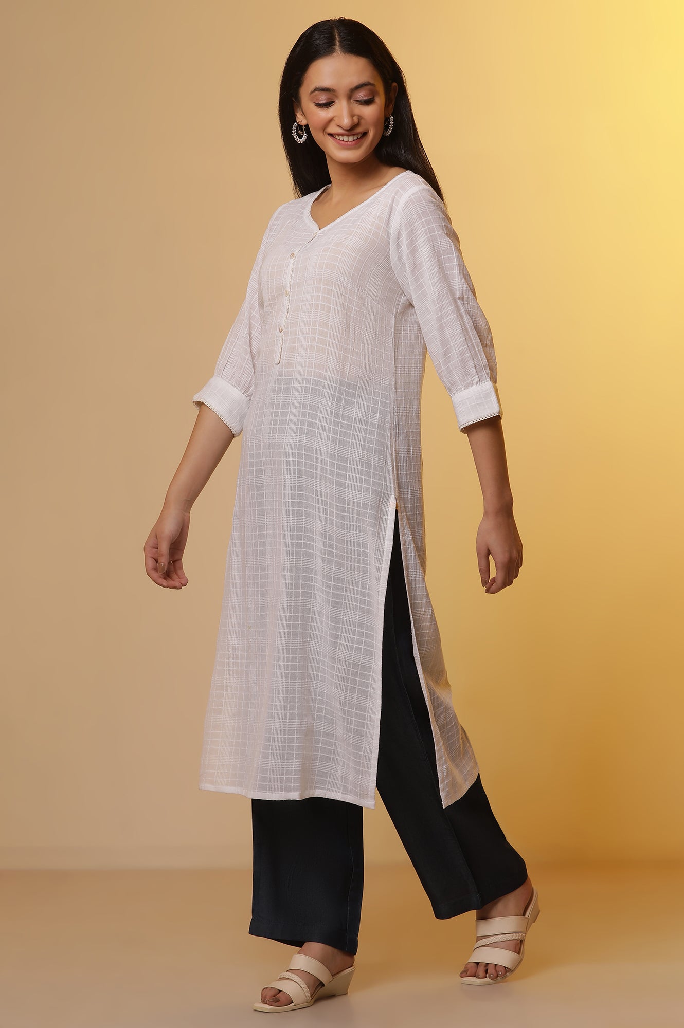 White Cotton Dobby Kurta and Denim Narrow Pants Set