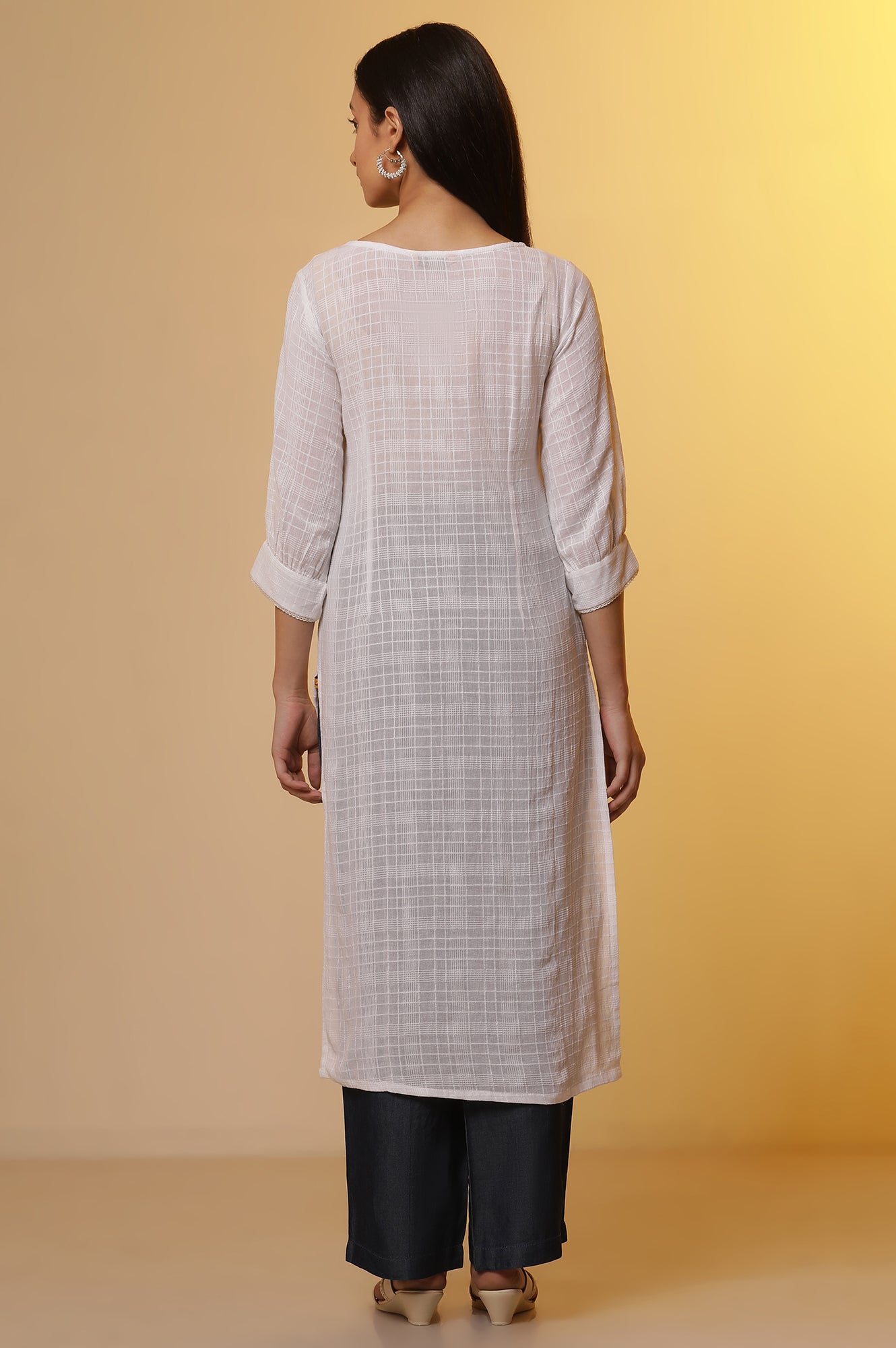 White Cotton Dobby Kurta and Denim Narrow Pants Set