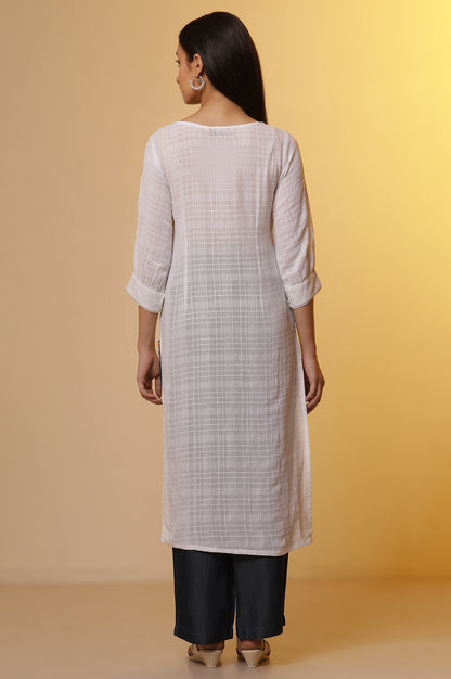 White Cotton Dobby Kurta and Denim Narrow Pants Set