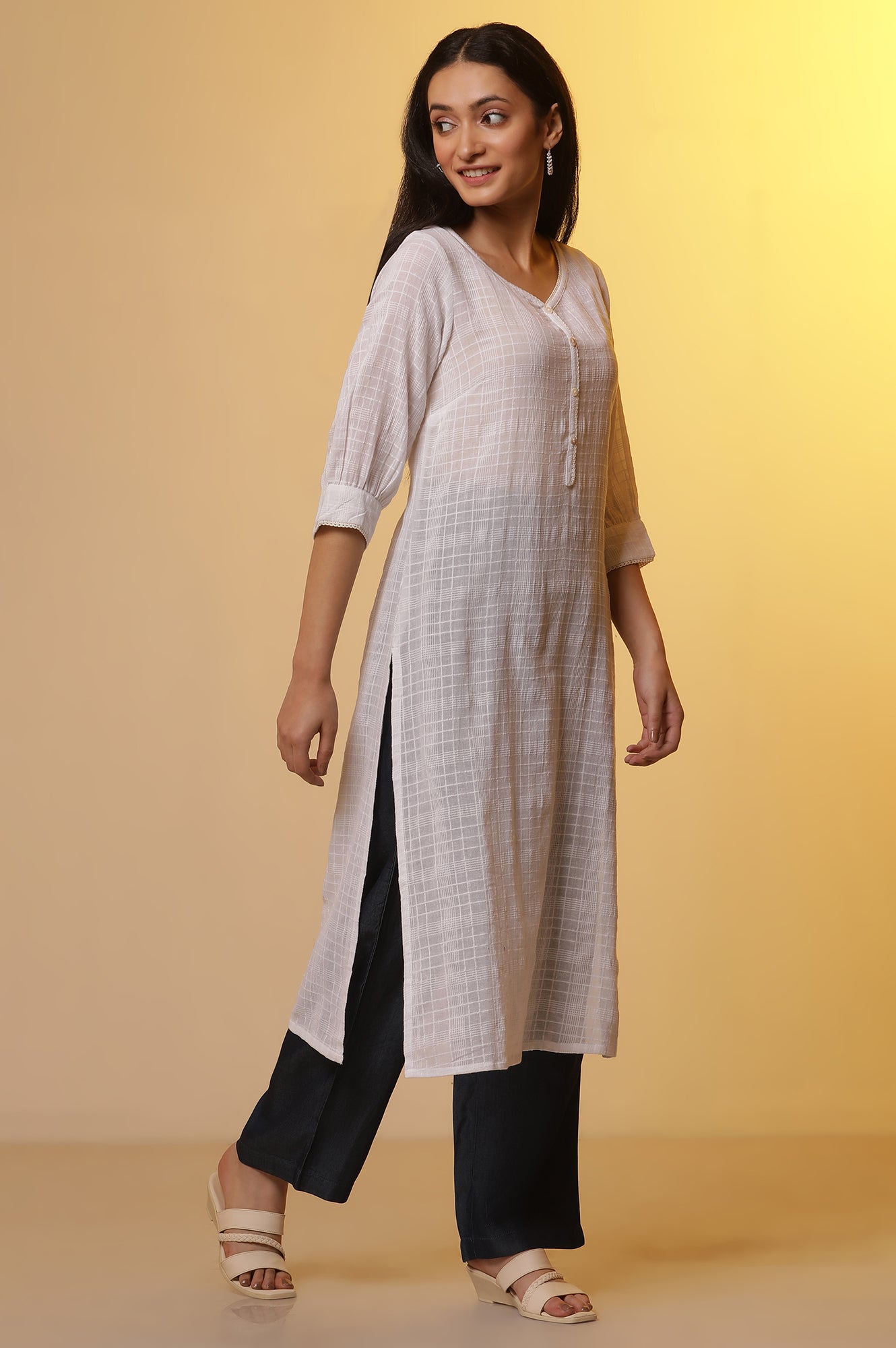 White Cotton Dobby Kurta and Denim Narrow Pants Set