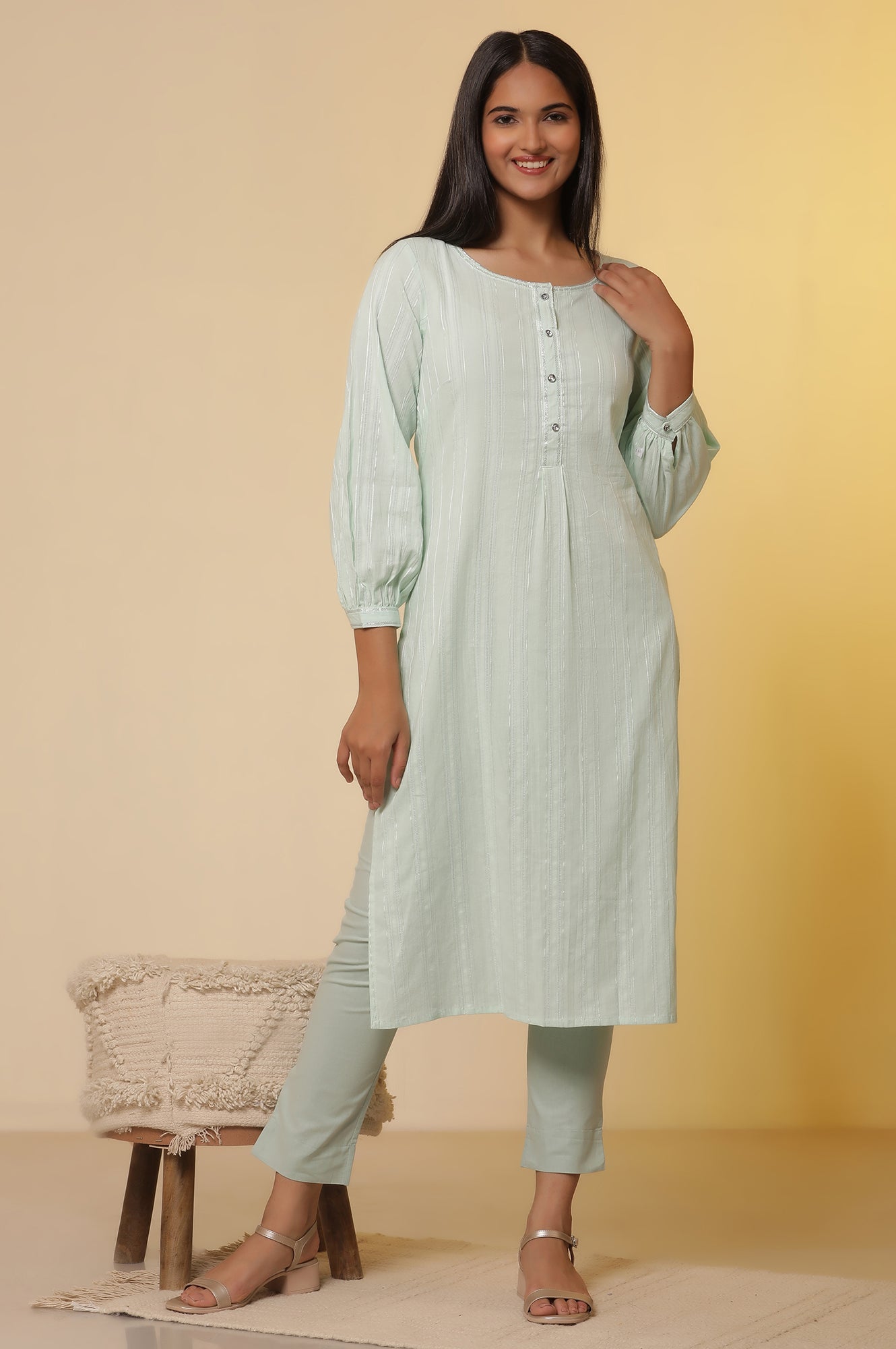 Aqua-Green-Leno-Stripe-Kurta-and-Trousers-Set