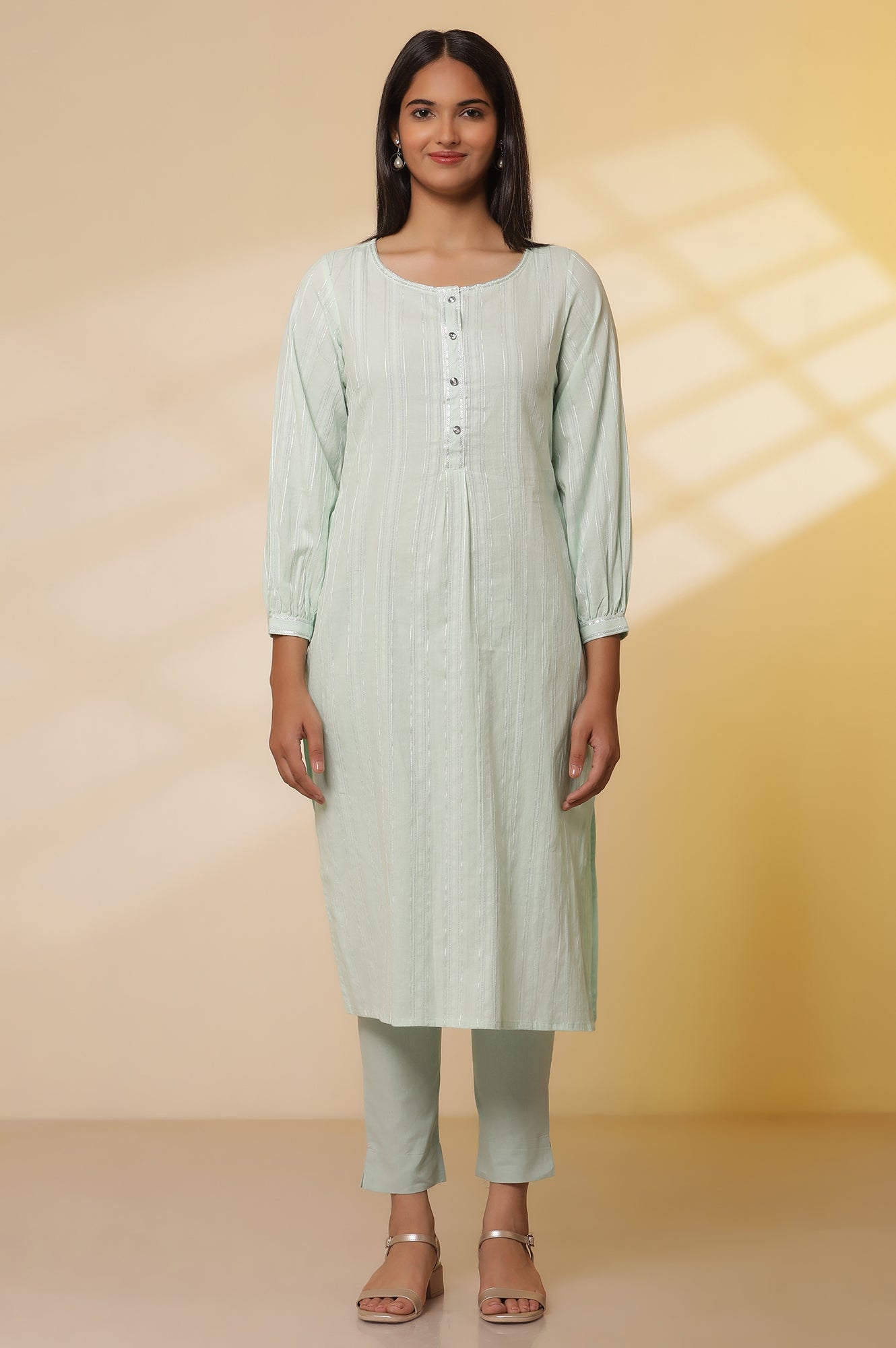 Aqua-Green-Leno-Stripe-Kurta-and-Trousers-Set