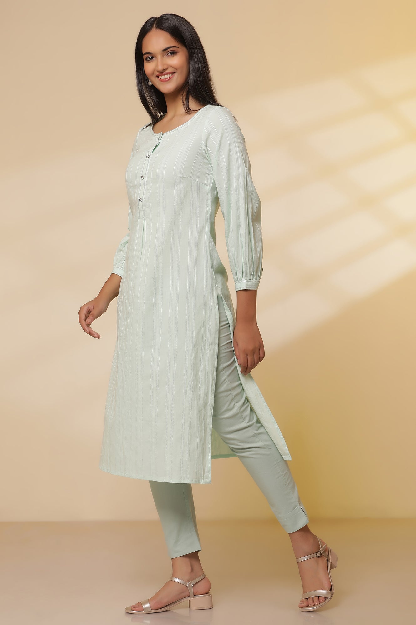 Aqua-Green-Leno-Stripe-Kurta-and-Trousers-Set