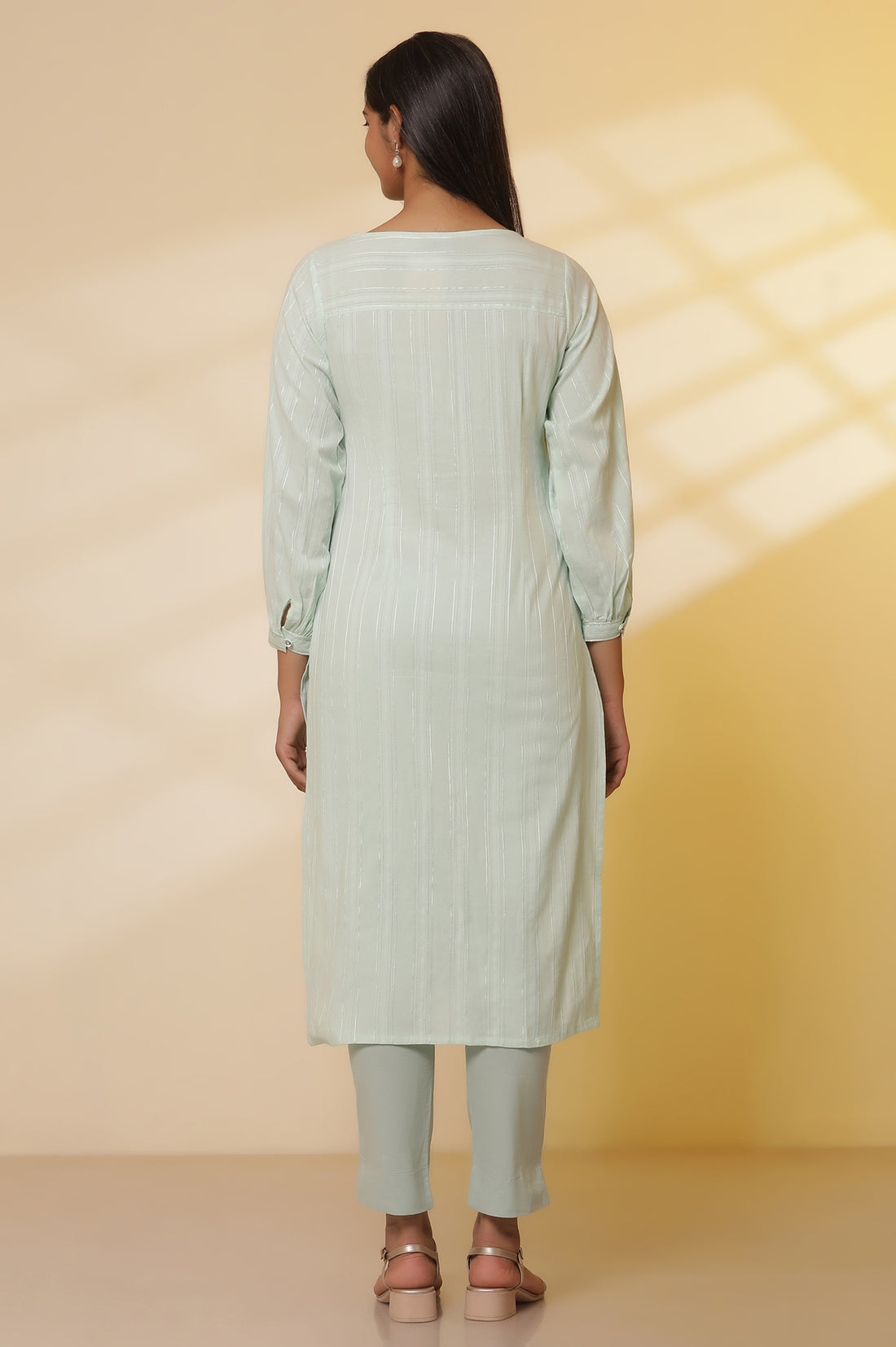 Aqua-Green-Leno-Stripe-Kurta-and-Trousers-Set