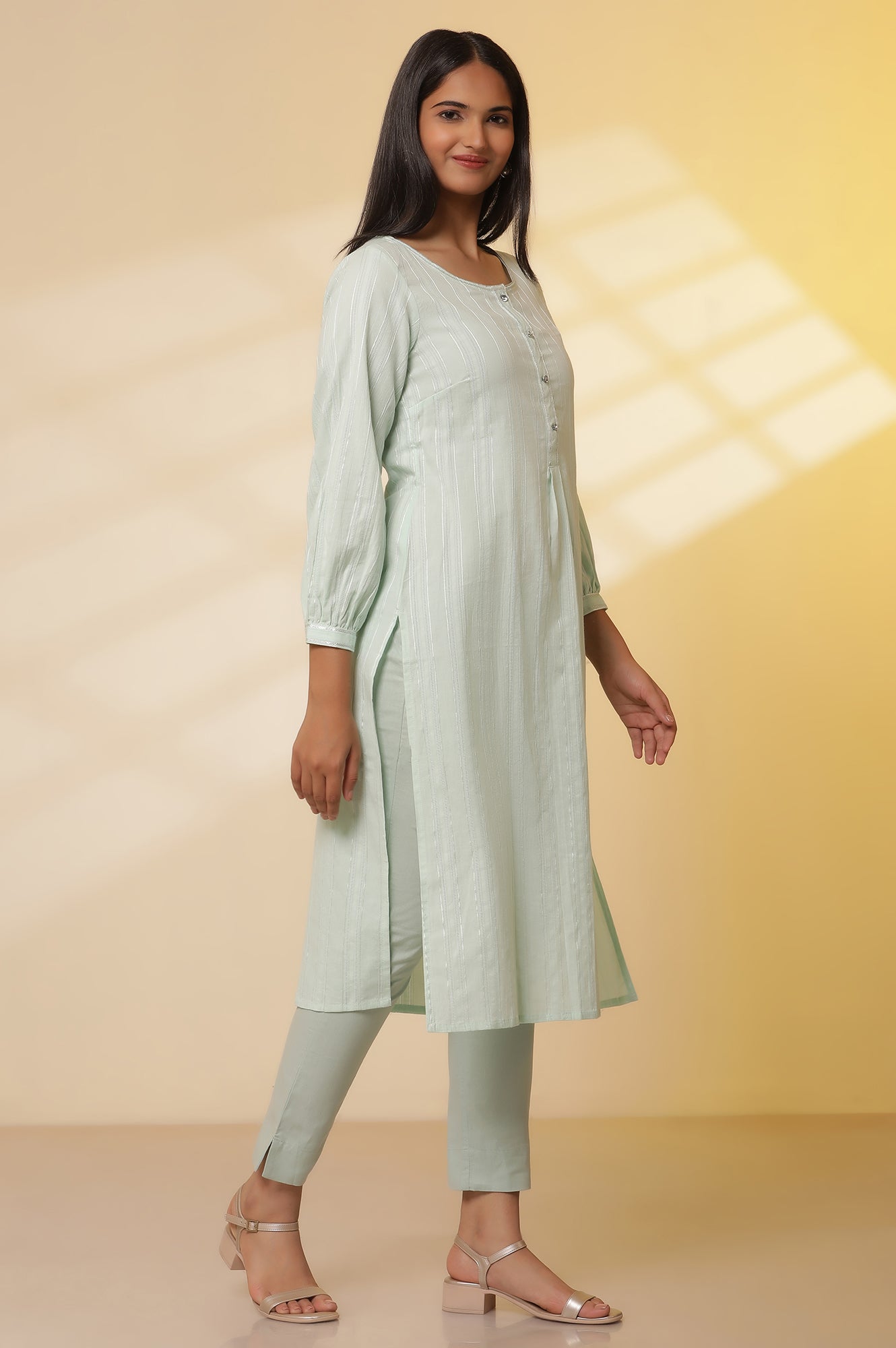 Aqua-Green-Leno-Stripe-Kurta-and-Trousers-Set