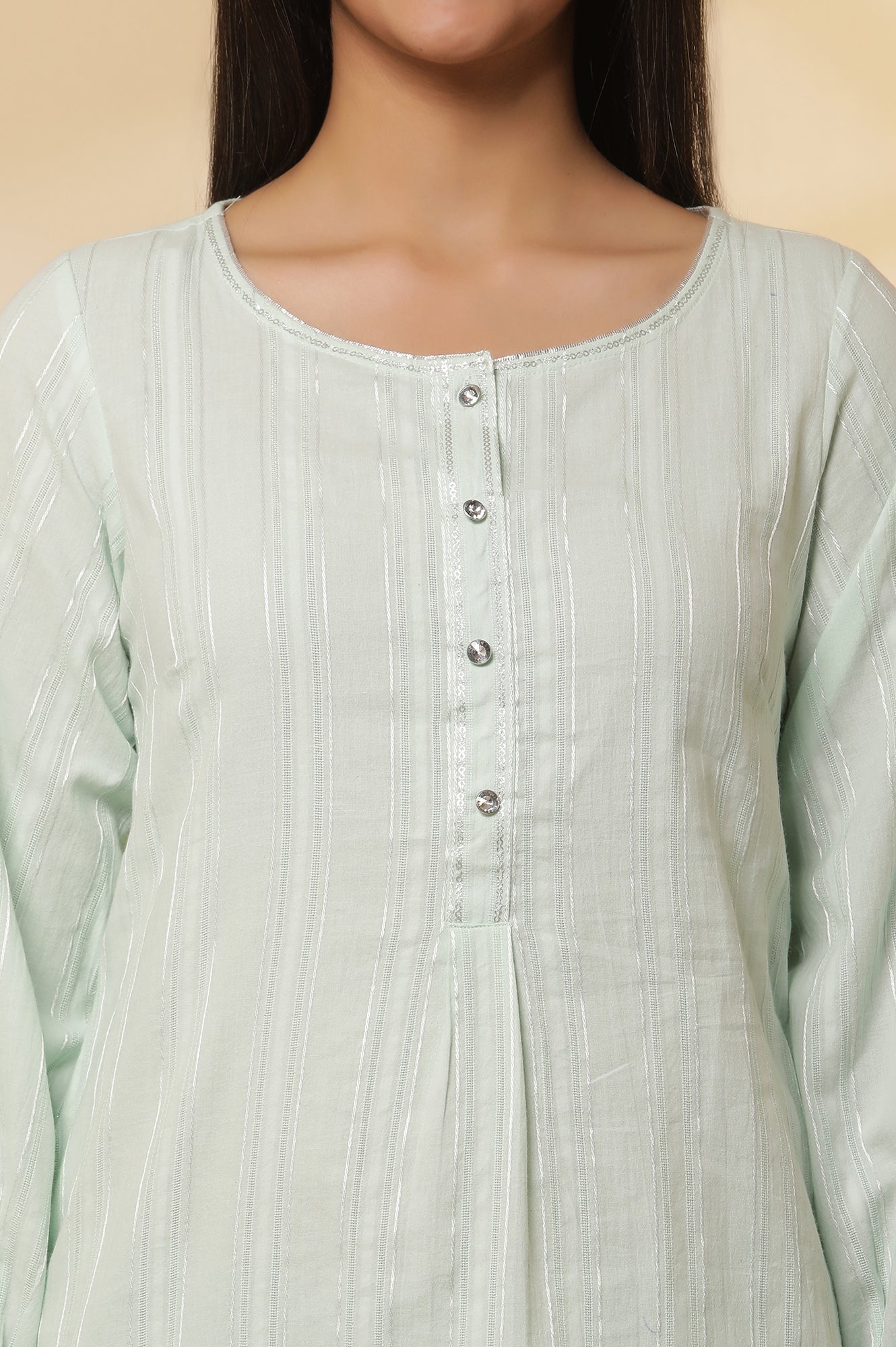 Aqua-Green-Leno-Stripe-Kurta-and-Trousers-Set