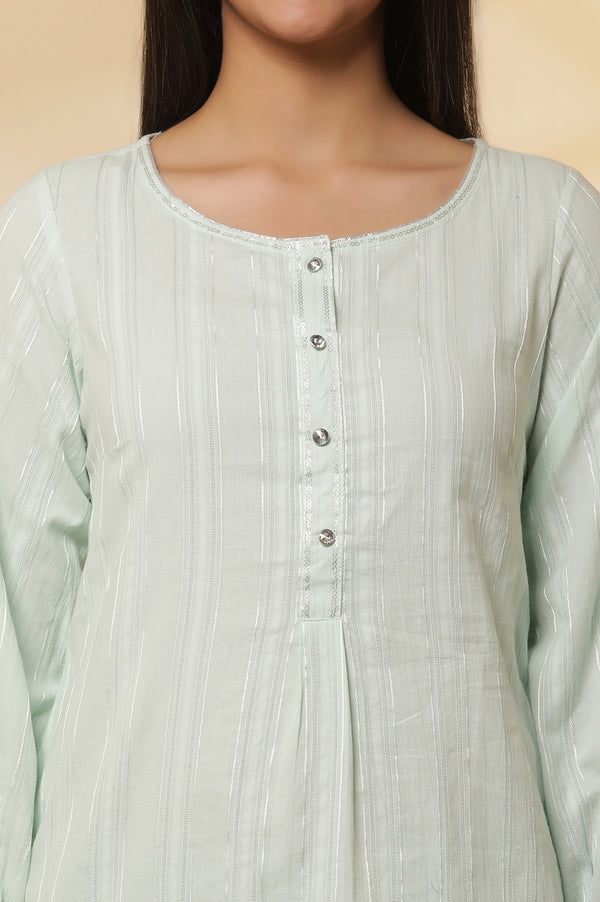 Aqua Green Leno Stripe Kurta and Trousers Set