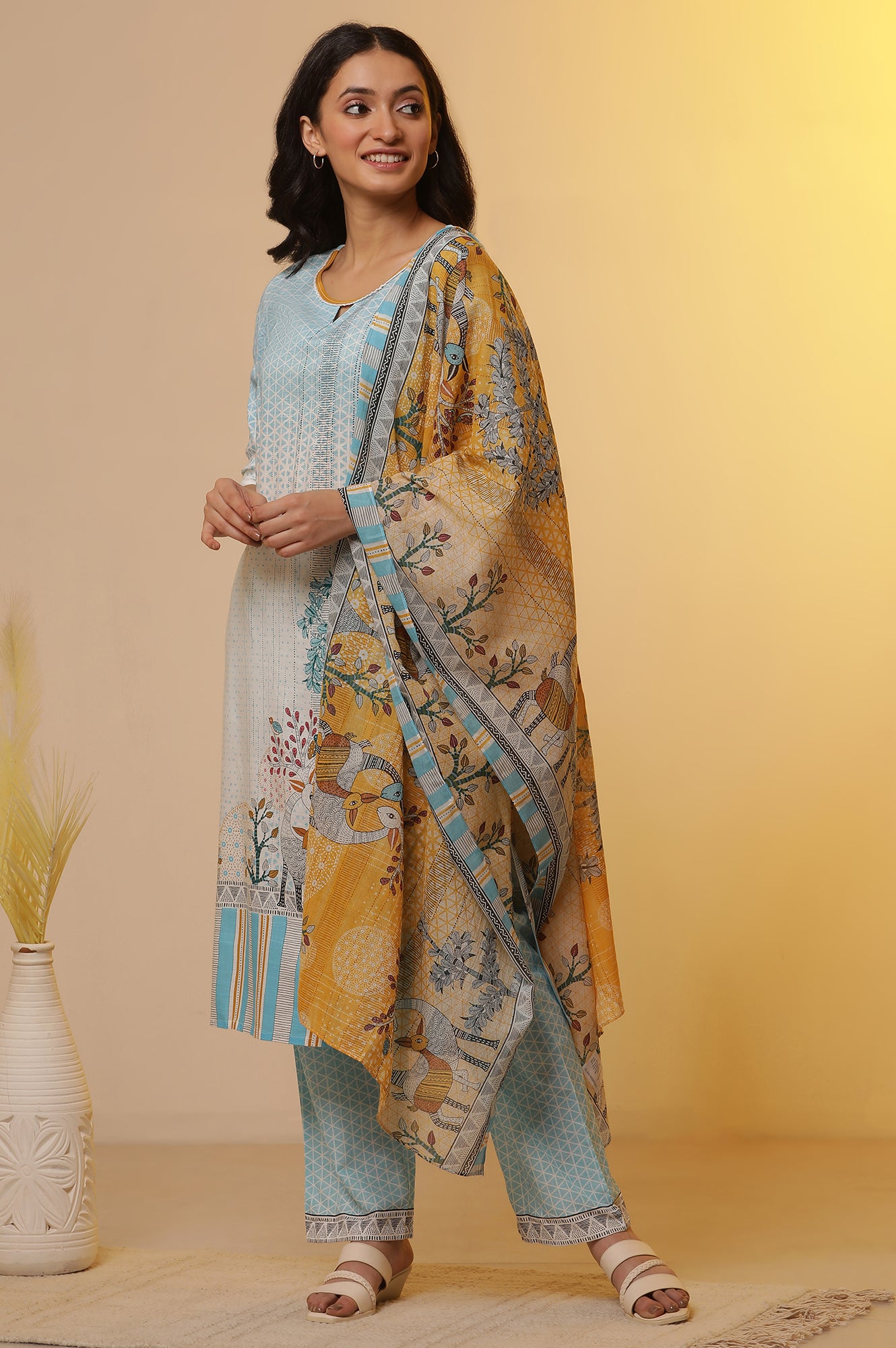 Blue Printed Straight Kurta, Pants and Dupatta Set