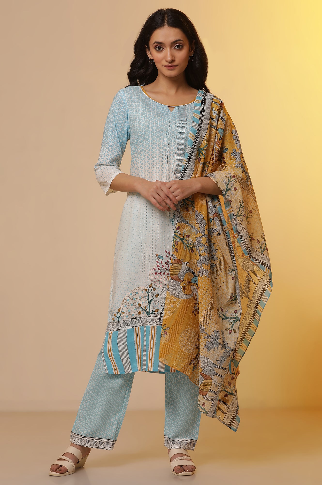 Blue Printed Straight Kurta, Pants and Dupatta Set