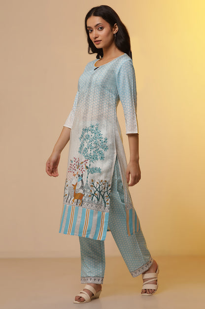 Blue Printed Straight Kurta, Pants and Dupatta Set