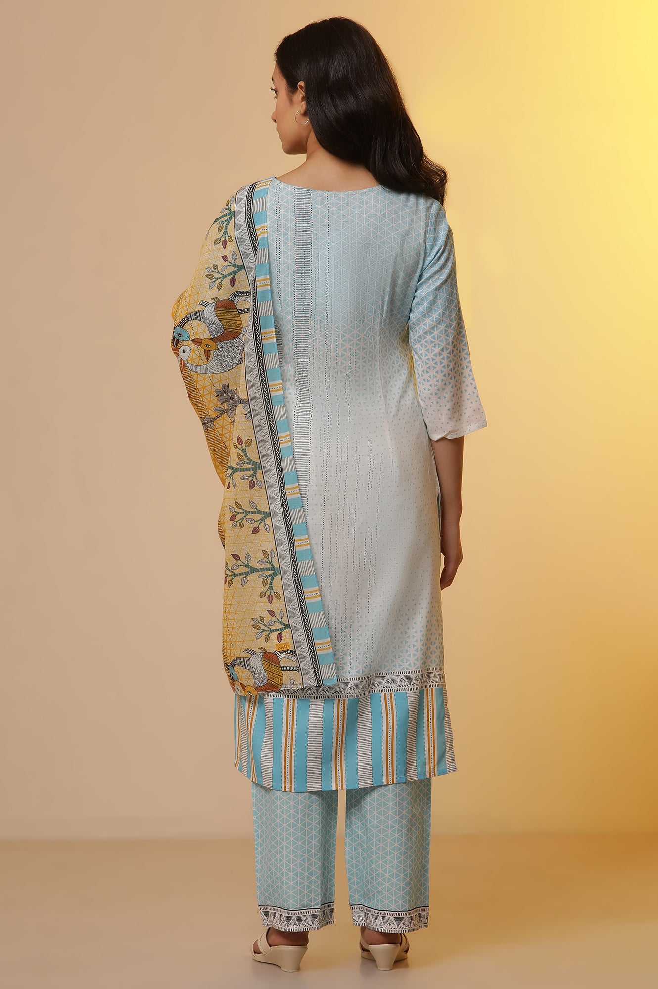 Blue Printed Straight Kurta, Pants and Dupatta Set