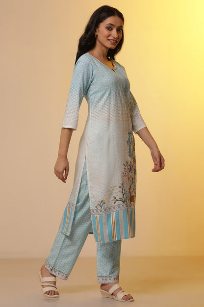 Blue Printed Straight Kurta, Pants and Dupatta Set