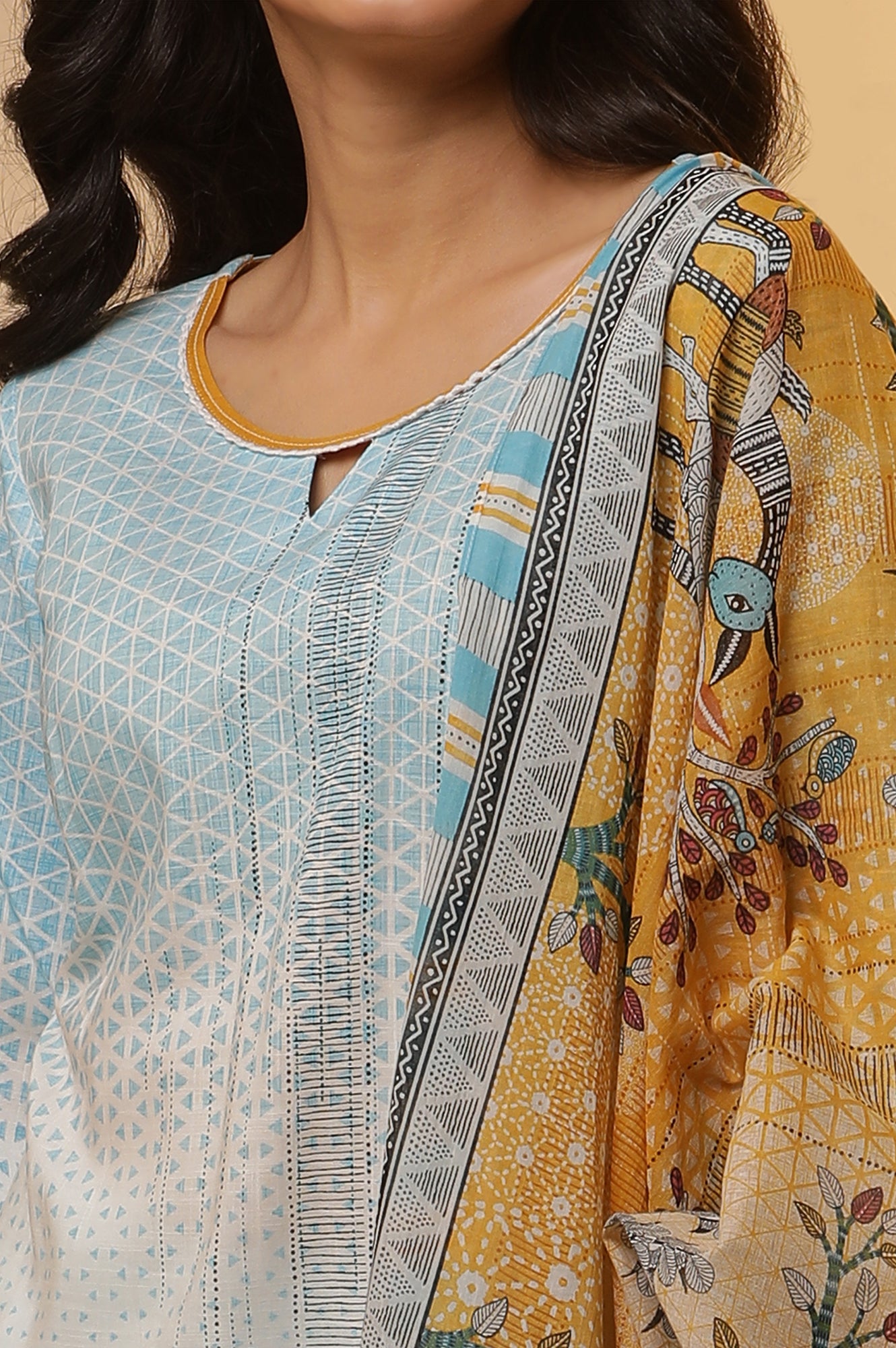 Blue Printed Straight Kurta, Pants and Dupatta Set