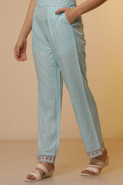 Blue Printed Straight Kurta, Pants and Dupatta Set