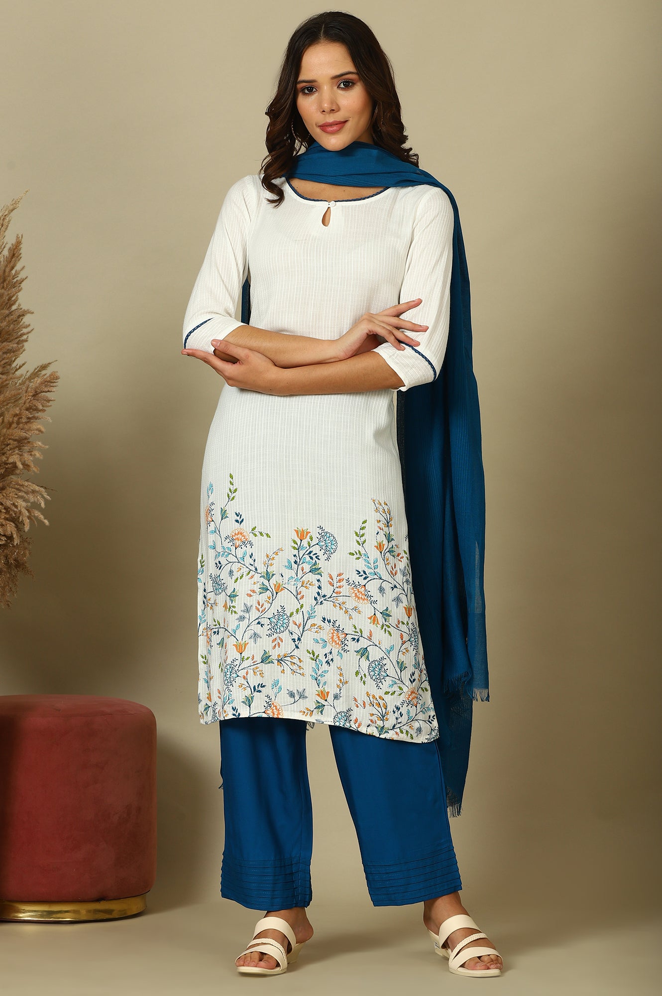 White Floral Printed Kurta, Pleated Narrow Palazzo and Dupatta Set