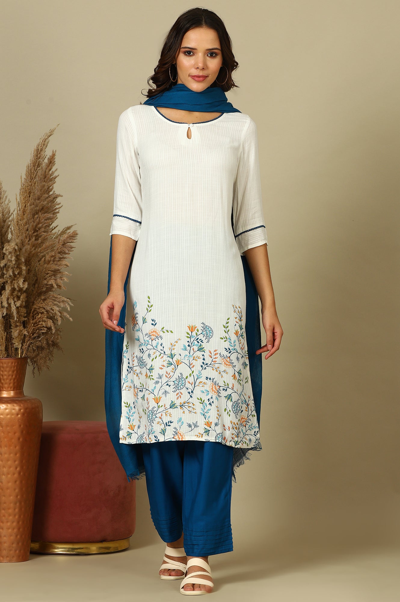 White Floral Printed Kurta, Pleated Narrow Palazzo and Dupatta Set