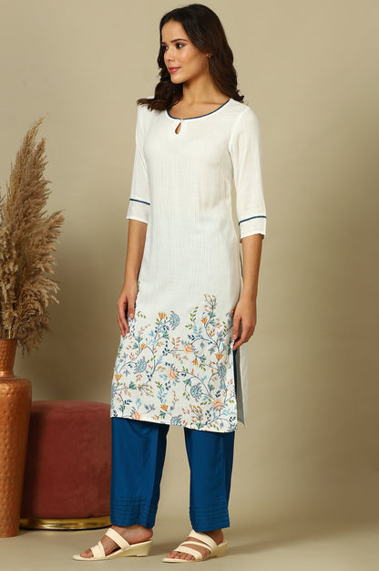 White Floral Printed Kurta, Pleated Narrow Palazzo and Dupatta Set